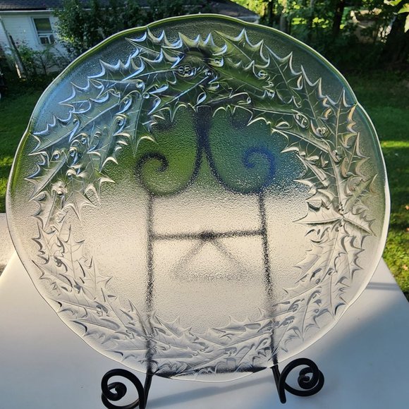 Vintage Mikasa Crystal Hostess Platter Holly Design 14" Round Serving Tray Japan - Picture 6 of 11